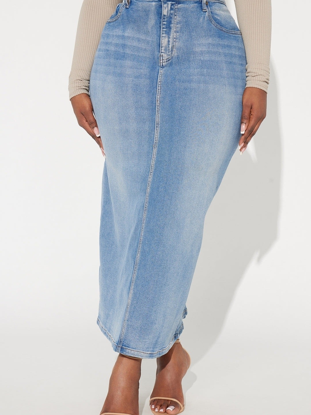 Fashion Nova Medium Wash Blue Denim Maxi Skirt